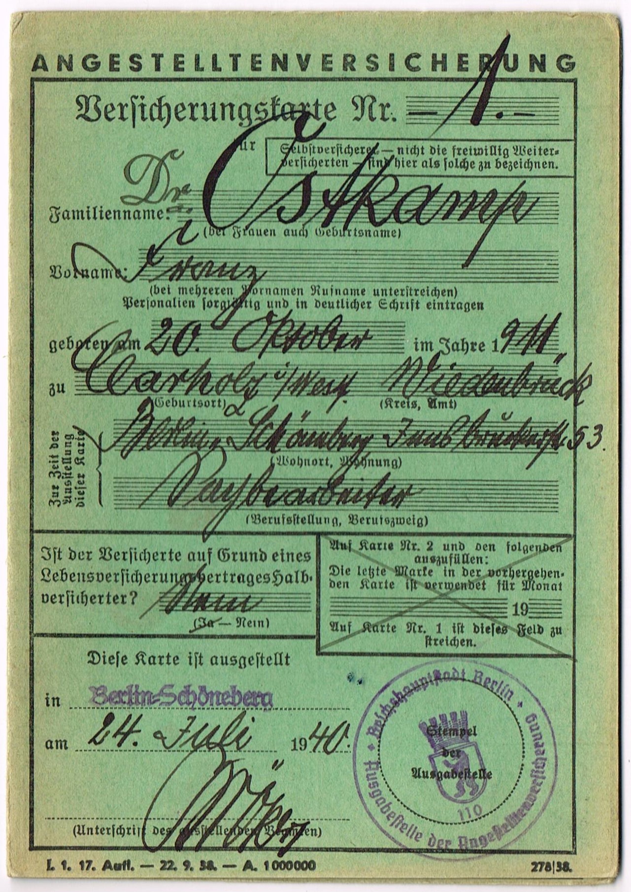 Angestelltenversicherung - Versicherungskarte Nr. 1 - Dr. Ostkamp